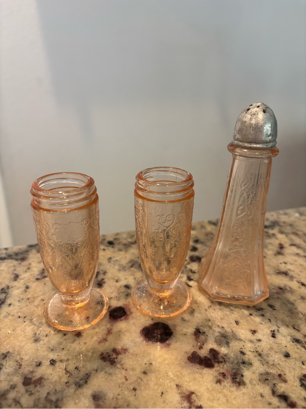 Vintage Pink Depression Glass Salt Pepper Shakers Lot of 3 Footed Ornate Floral